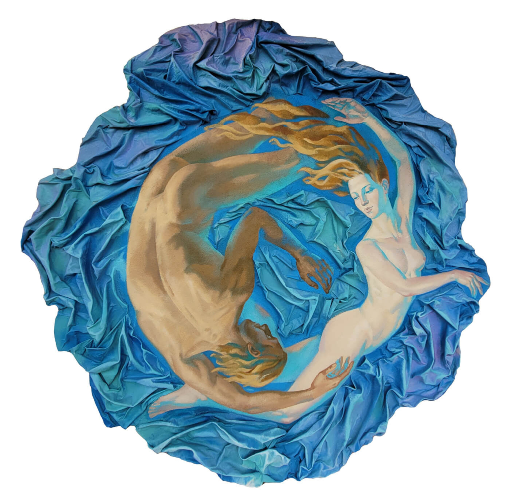 circular mixed-media painting of two nude figures entwined in blue tones, representing harmony, movement, and the cycle of life