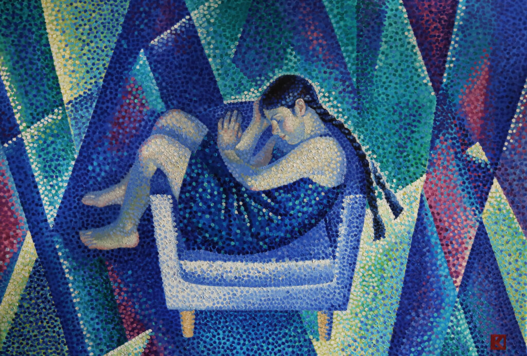 surrealist sleeping child on a couch, french pointillism. patterns from blue to green