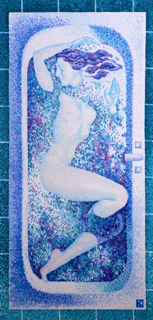 Abstract figurative painting of a nude female form bathing in the tube. Blue and violet tones, symbolizing femininity, purity, and inner harmony.