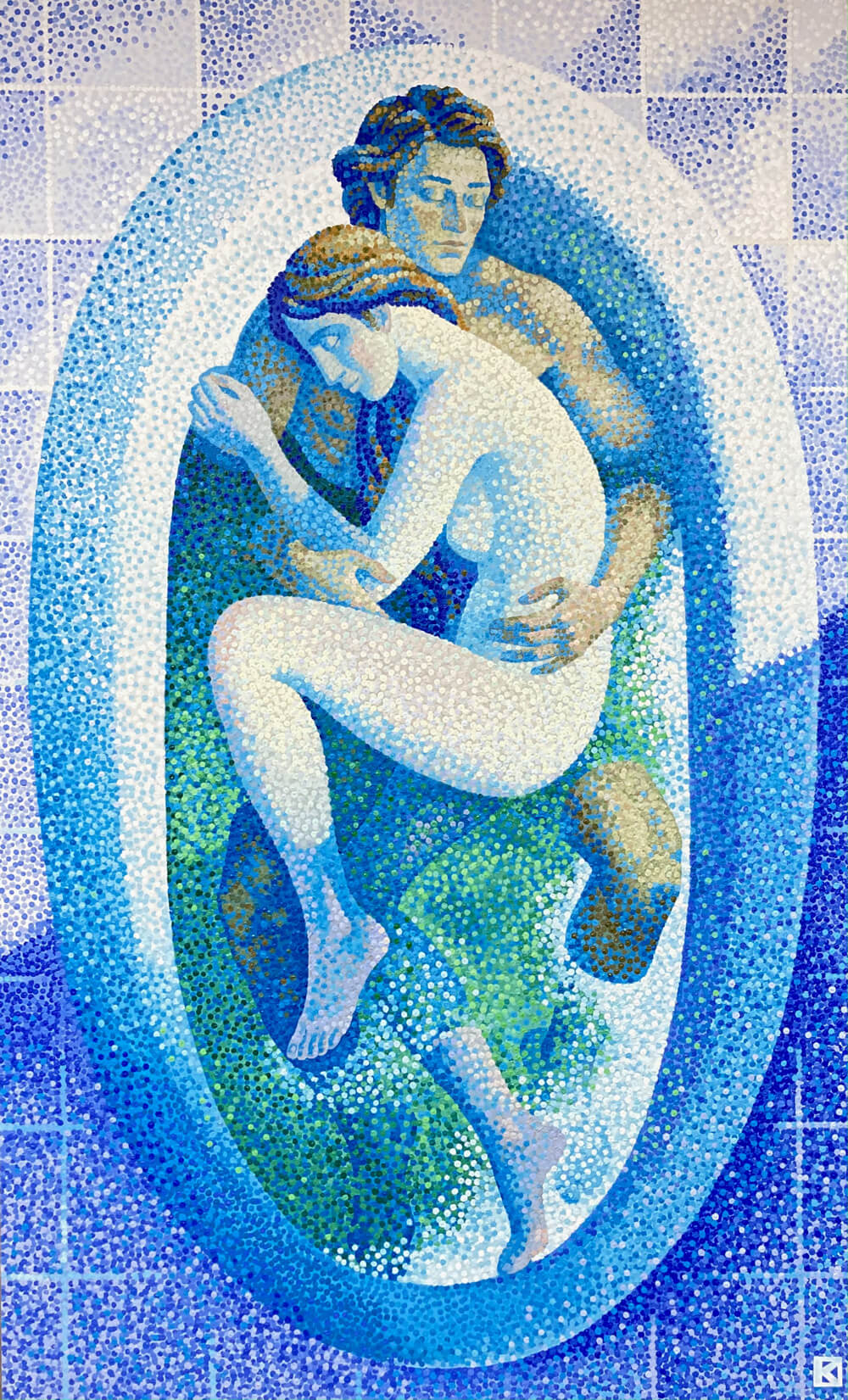 A young couple in a bathtub, both with closed eyes, gently holding each other. The painting resonates with tenderness, love, and harmony. It is created using the French pointillism technique and patterns of blue, white, and green