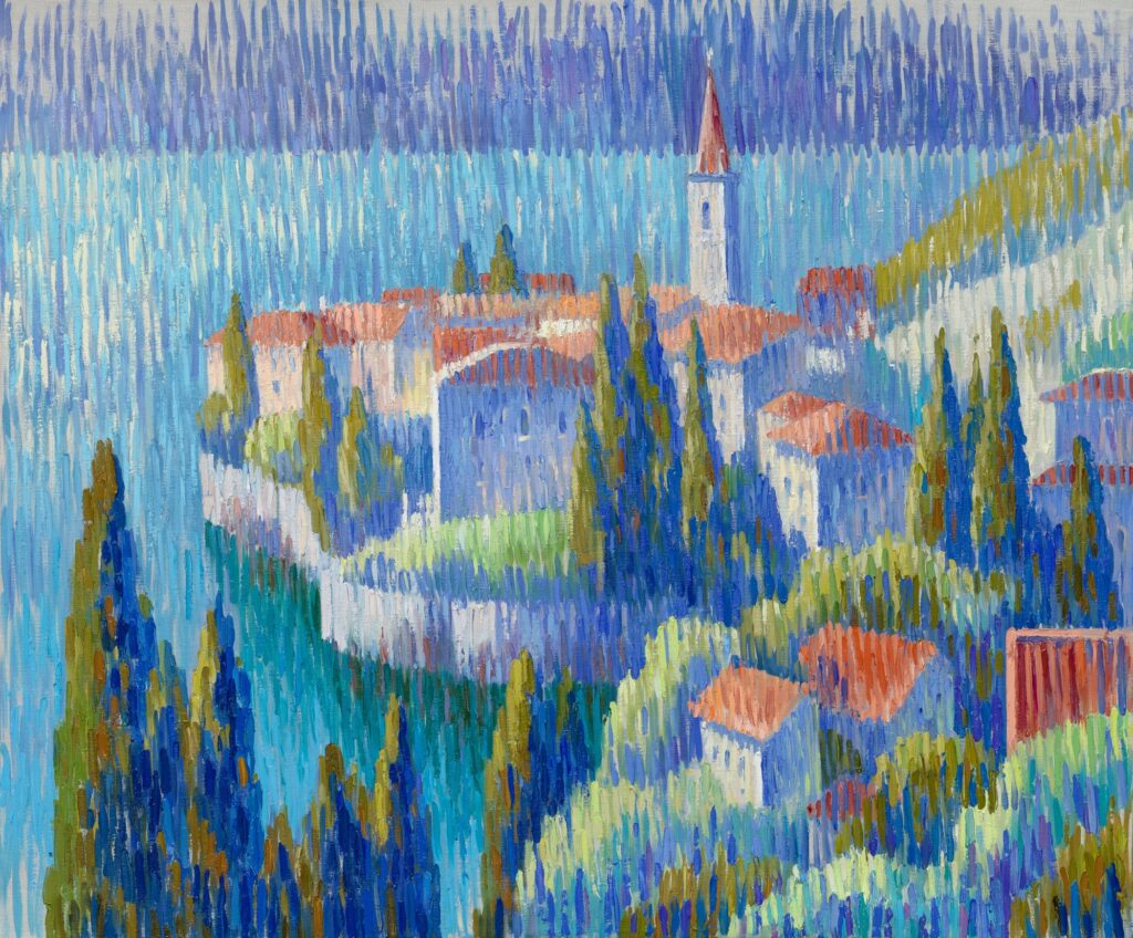 Scenery of Varenna in the morning from the high, Khaki, olive and Monaco patterns, tecnique of italian divisionism with vertical strokes