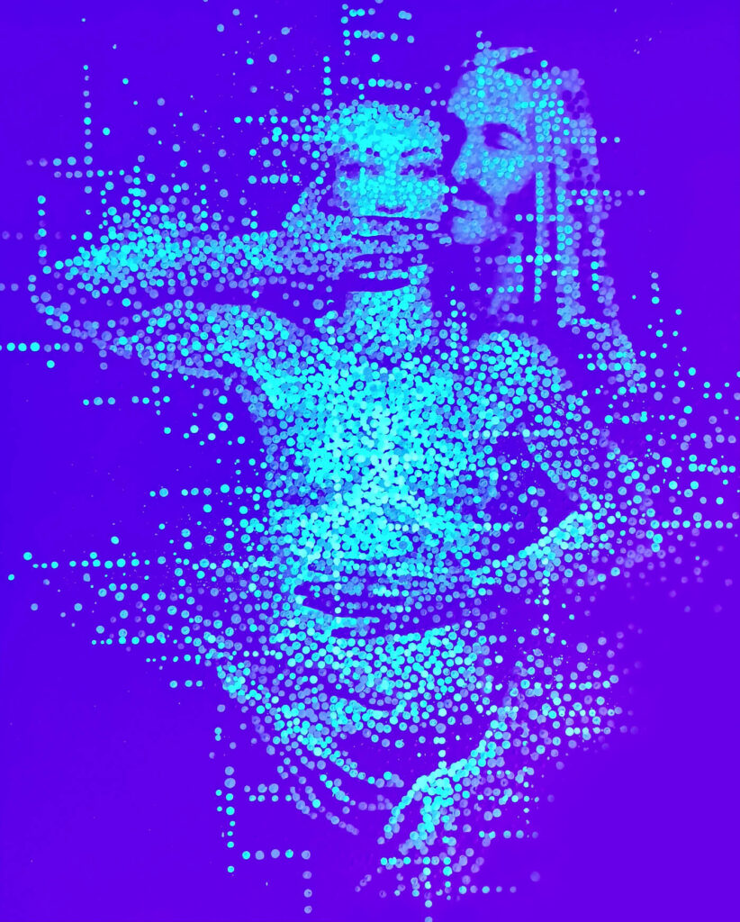 the paint is white on withe and visible only under UV lights, where the colors spark and show man holdingv his woman from back while she restrain her mouth with her hand