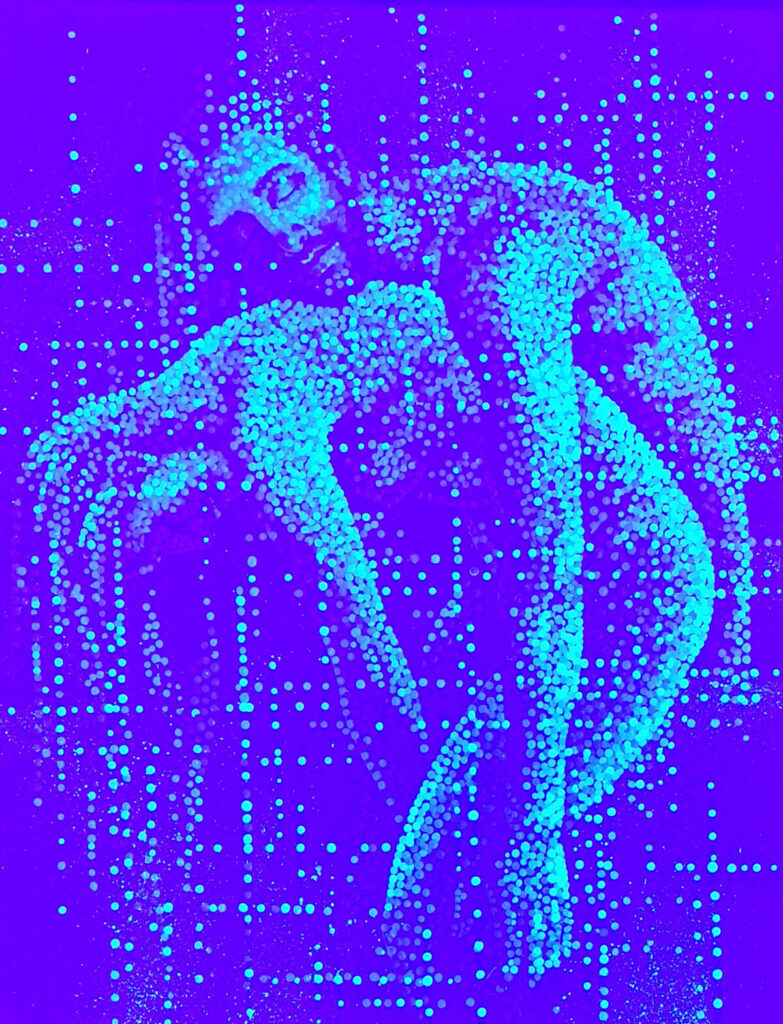 the paint is white on withe and visible only under UV lights, where the colors spark and show a gentle loving embrace of a man to the back of his woman