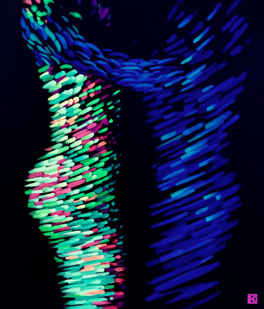 An abstract, biomorphic body emerges from a black background, composed of dense, luminous strokes in blue, green, and pink. The fragmented, digital texture suggests motion and touch while remaining partially dissolved, evoking themes of virtual presence, connection, and disembodied interaction of a woman and a man standing in front of each other.