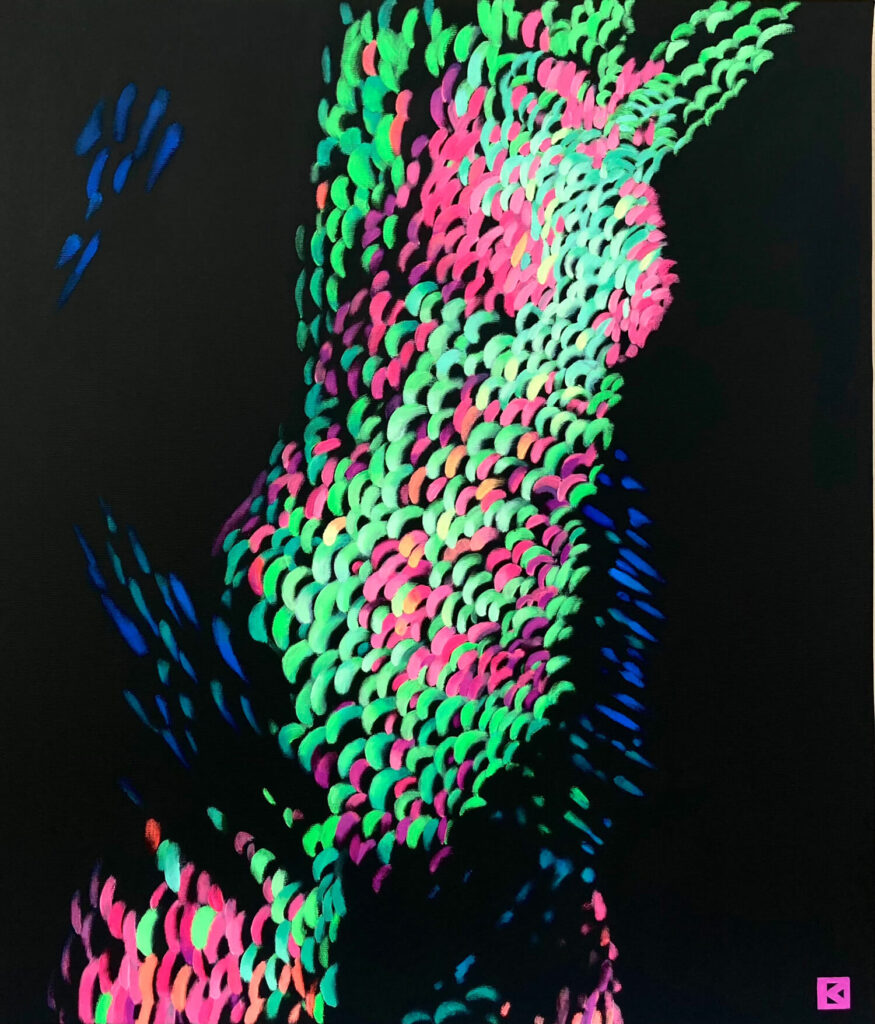 An abstract, biomorphic body emerges from a black background, composed of dense, luminous strokes in blue, green, and pink. The fragmented, digital texture suggests motion and touch while remaining partially dissolved, evoking themes of virtual presence, connection, and disembodied interaction of a woman held from the back by 2 masculine hands.