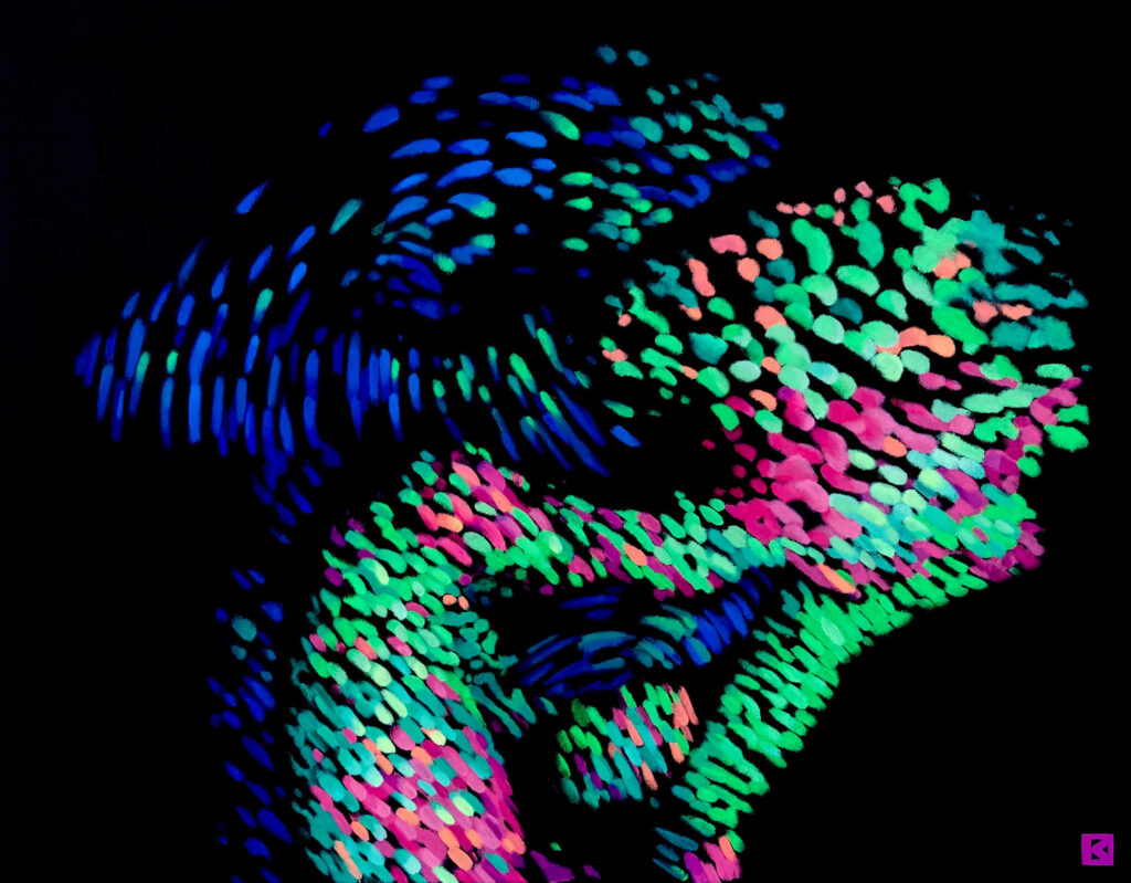 An abstract, biomorphic body emerges from a black background, composed of dense, luminous strokes in blue, green, and pink. The fragmented, digital texture suggests motion and touch while remaining partially dissolved, evoking themes of virtual presence, connection, and disembodied interaction of a woman held from the back by a man.