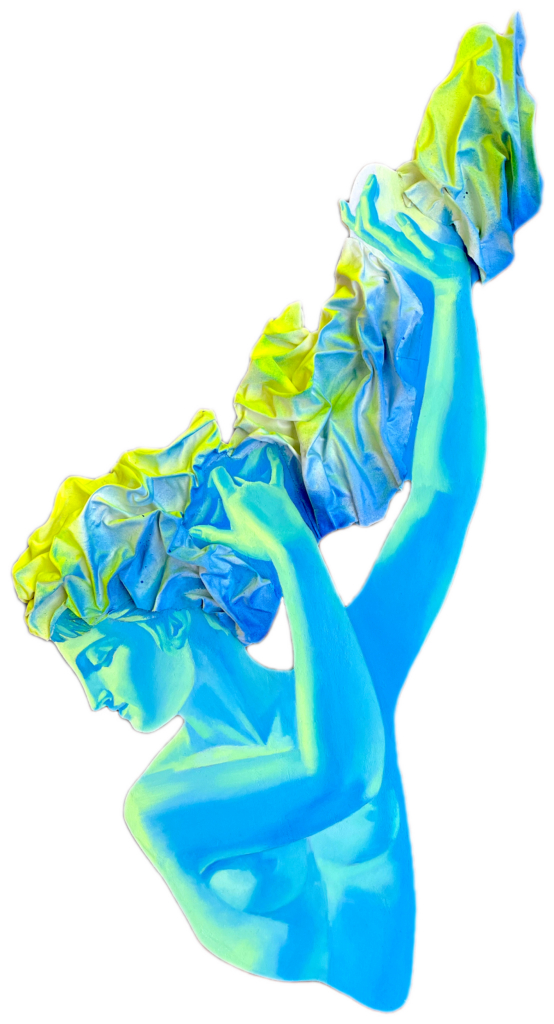 Ellenistic scuplture revisited by the artist with ultramarine blue and yellow fluo. The represented lady is gently holding her hairs that have three-dimensional texture and recall the memories af a past time