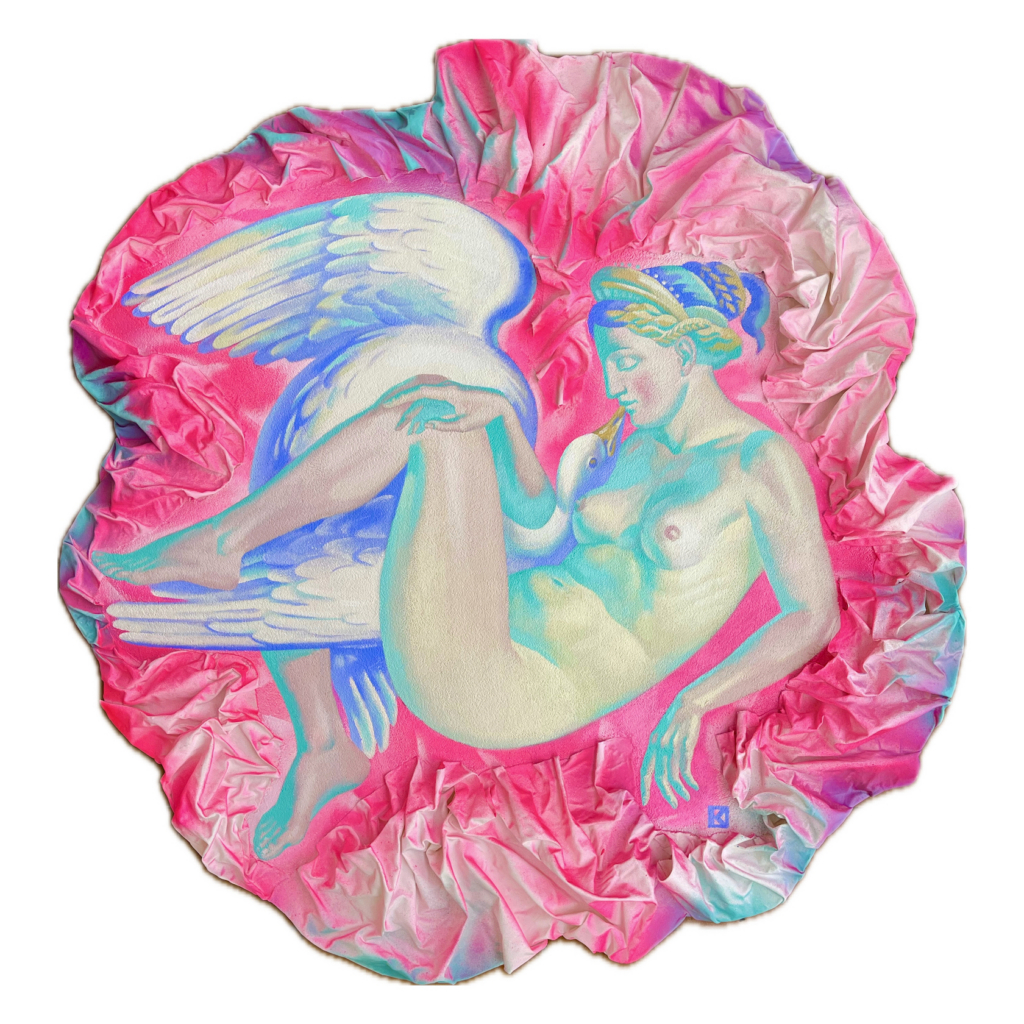inspired by leaonardo's paint, in Kristina Korç version, Zeus in a shape of a swan is on Leda gently kissing her while she lays down. The figures are sourronded by theee-dimensional waves with a shocking pink palette, in a round