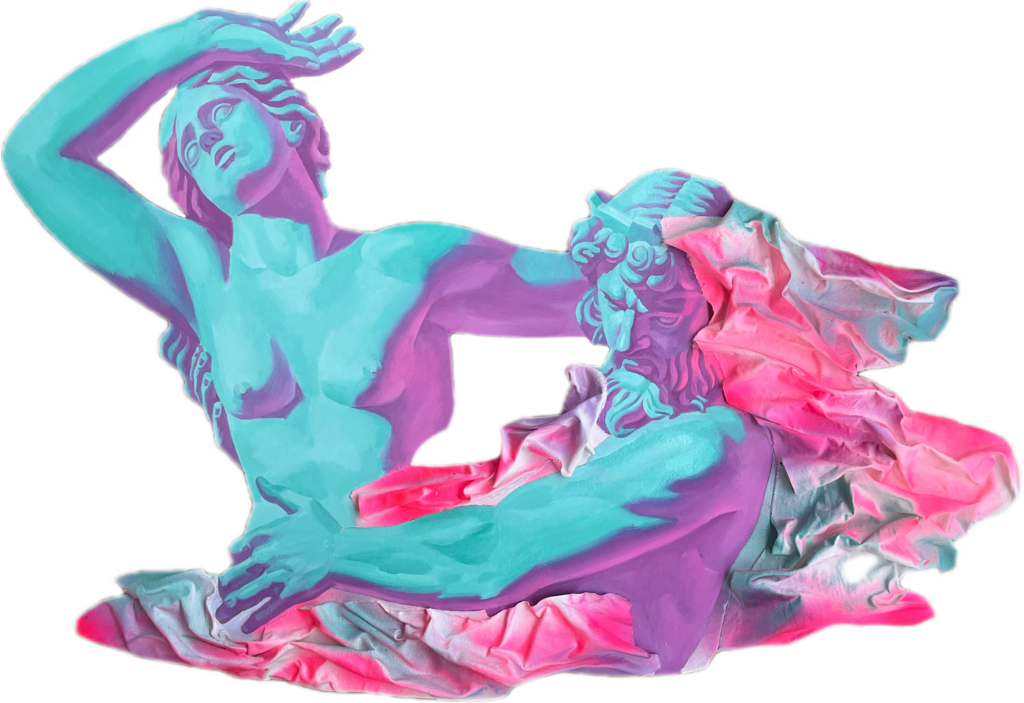 A contemporary pop art reinterpretation of Gian Lorenzo Bernini's baroque sculpture, 'The Rape of Proserpina.' The piece depicts the mythological abduction of Proserpina by Pluto, rendered in a striking neon palette of teal, purple, and pink.